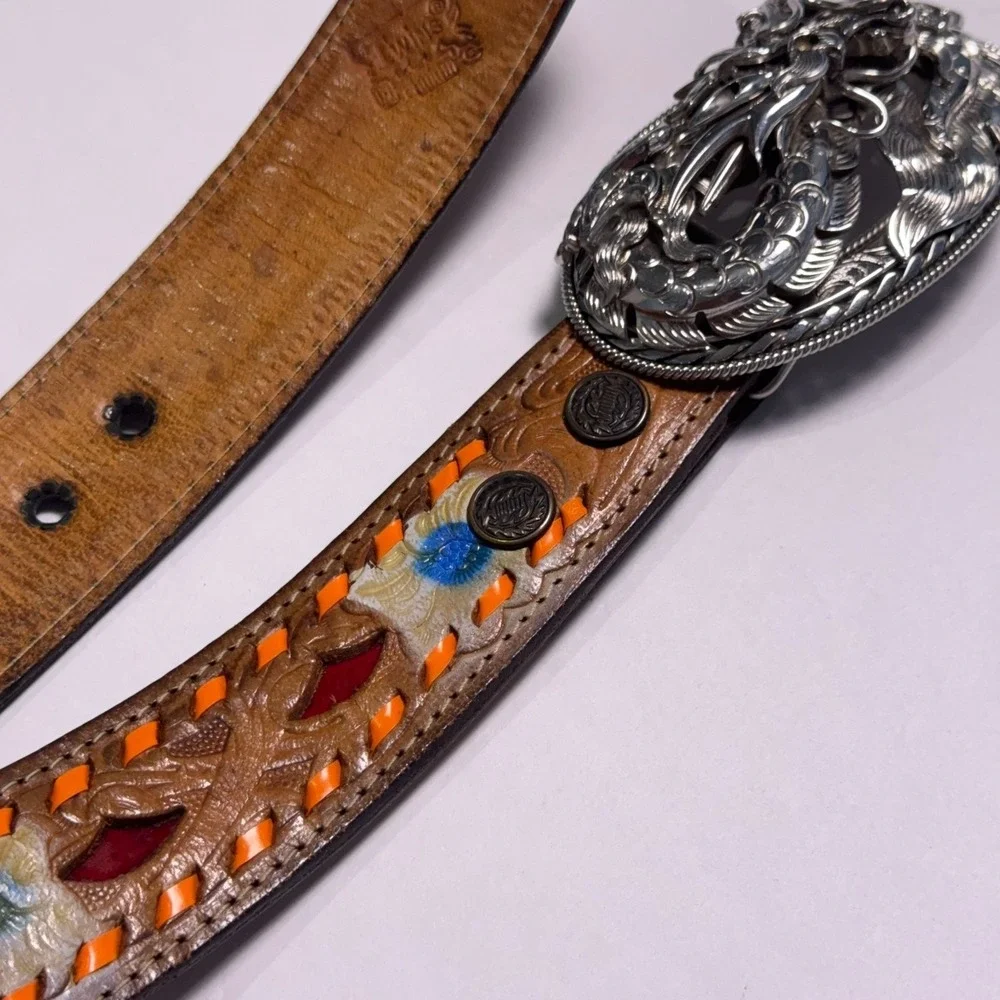 Heavy Leather Western Belt Mens‎ 44 Thai Dragon Stainless Steel Buckle